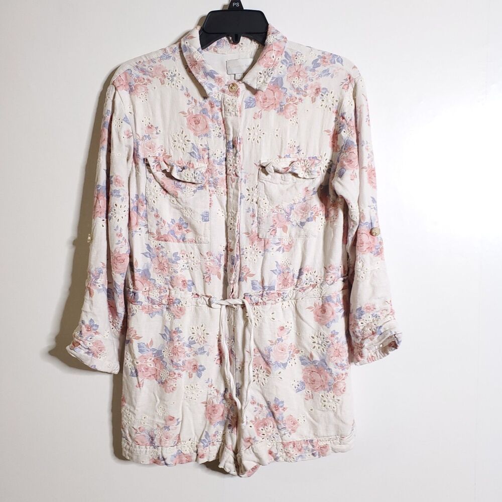 A Collective Story Eyelet Floral Romper Size S Linen Blend Cottagecore Womens